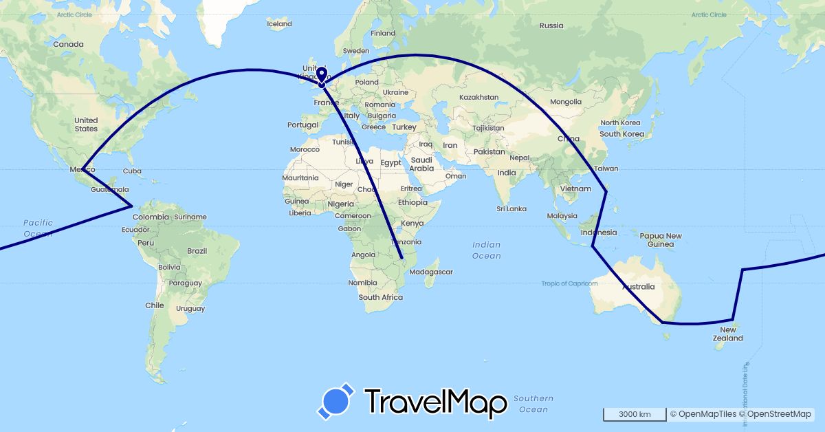 TravelMap itinerary: driving in Australia, Fiji, United Kingdom, Indonesia, Malawi, Mexico, New Zealand, Panama, Philippines (Africa, Asia, Europe, North America, Oceania)